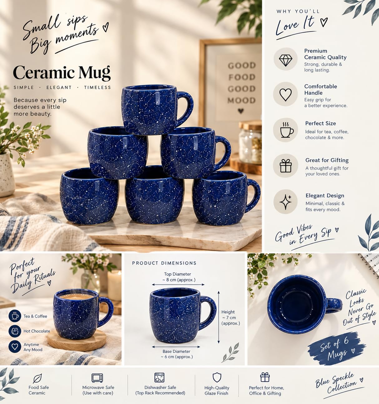 Buy Mug Set Blue Speckled Ceramic Mug Set of 6, Cobalt Blue